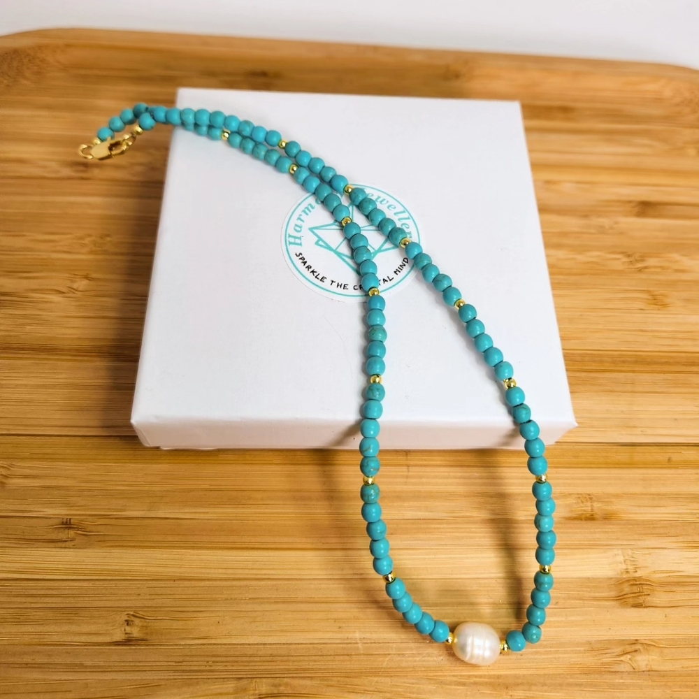 4 mm Turquoise with Freshwater Pearl Centerpiece necklace